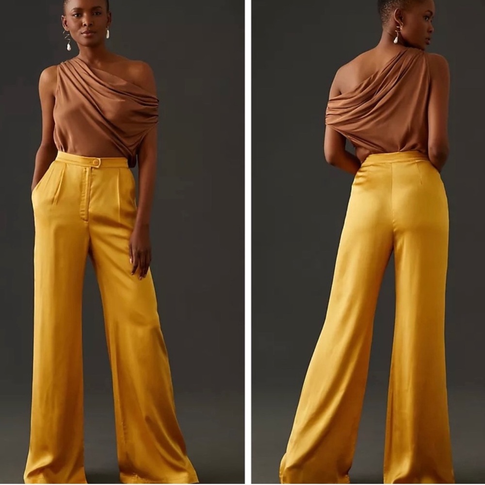 Anthro Corey Lynn Calter Petra Wide Leg Satin Feel Dark Yellow Trousers XS